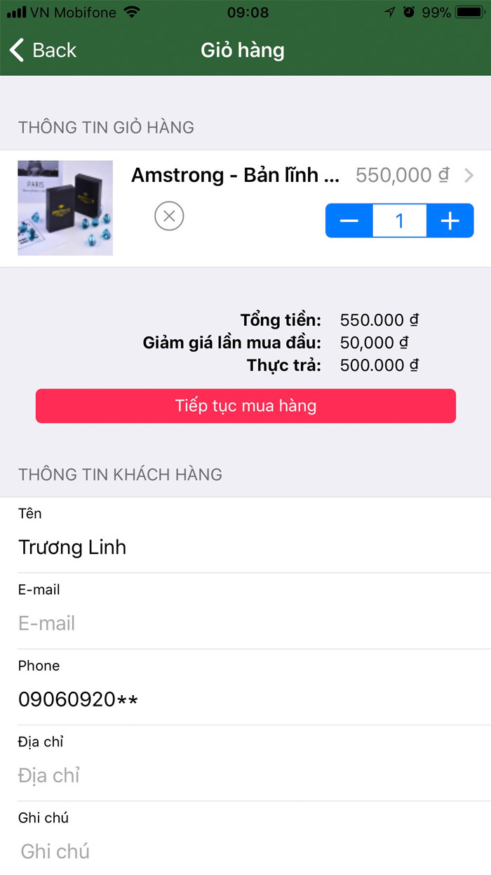 Chi tiết thông tin giỏ hàng, thông tin thanh toán, hoàn tất quá trình mua hàng.