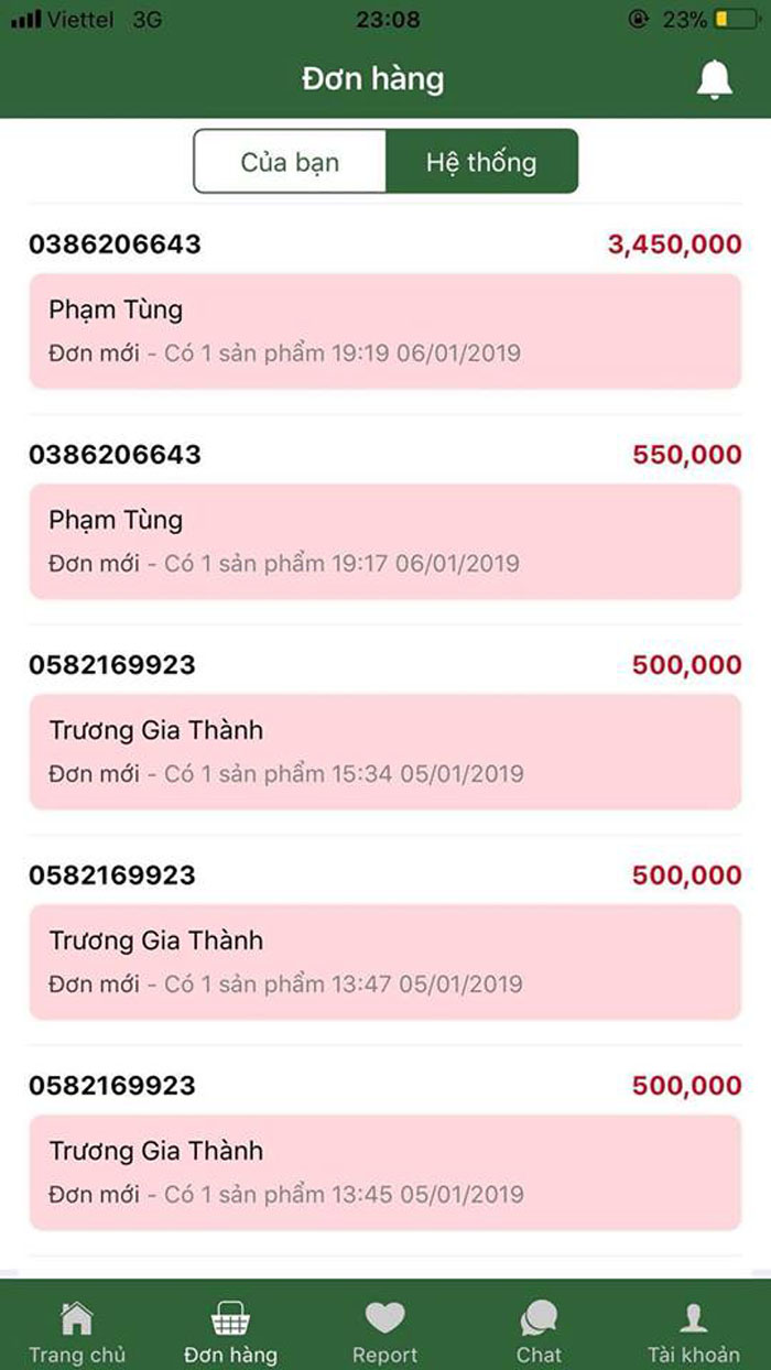 Trang quản lý đơn đặt hàng trên App CUONGANH