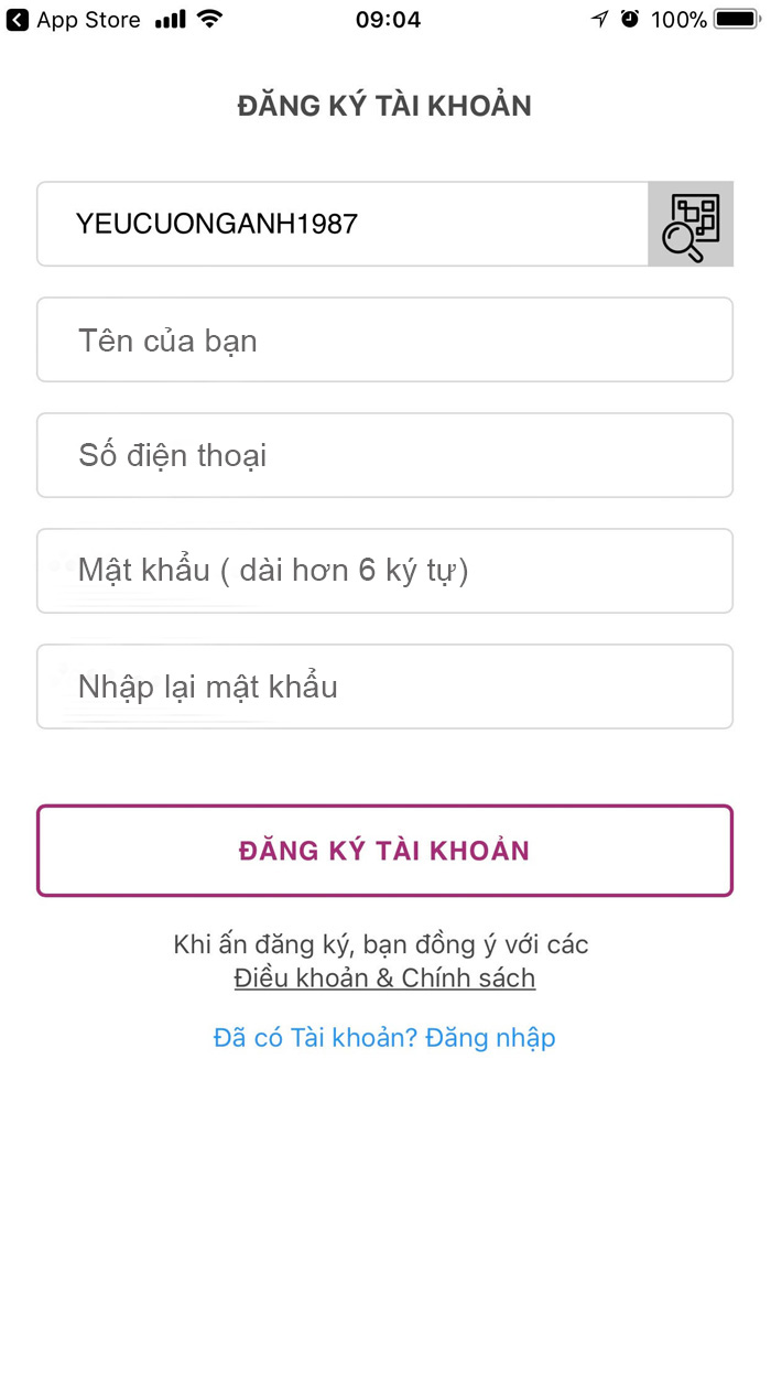 Màn hình điền thông tin đăng ký tài khoản